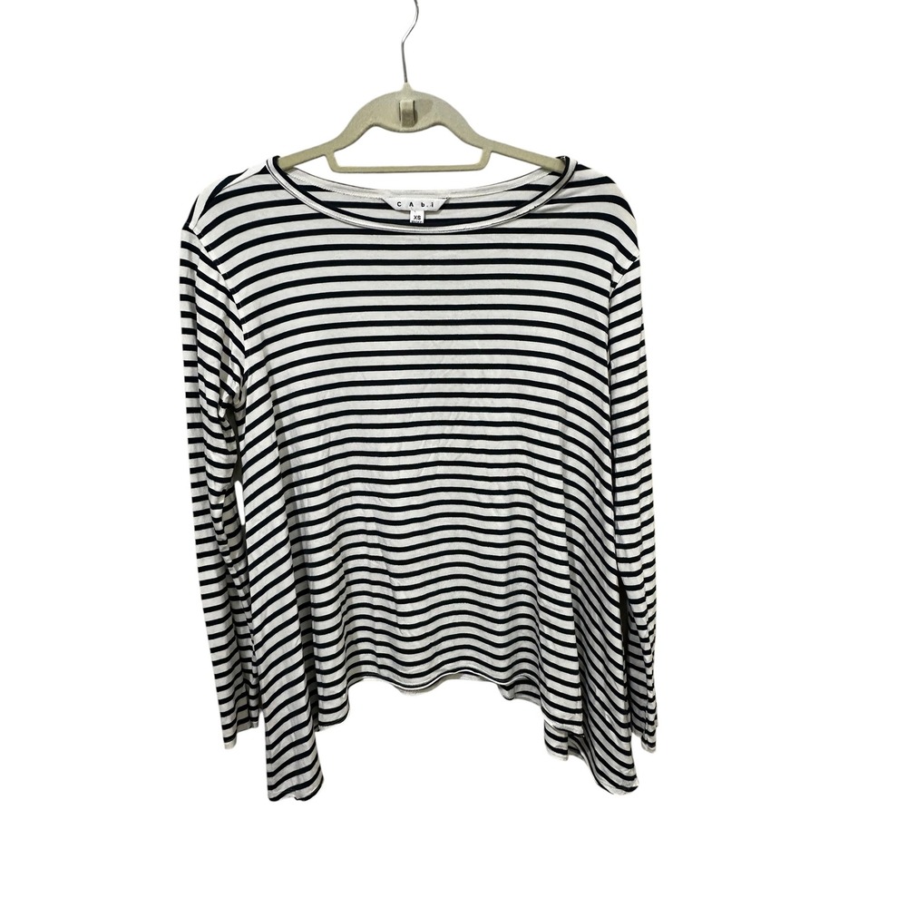 Cabi Womens XS Black White Striped Long Sleeve Relaxed Fit Knit Top Shirt
